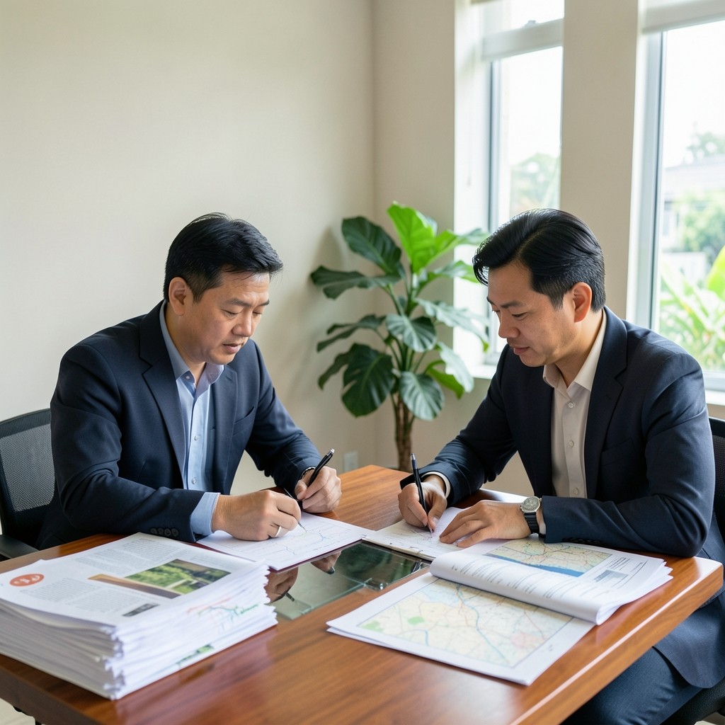 Nettrailbase consultants reviewing printed field reports at a meeting table