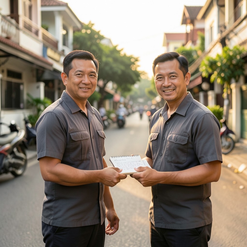 Two field supervisors exchanging a handwritten handoff notebook