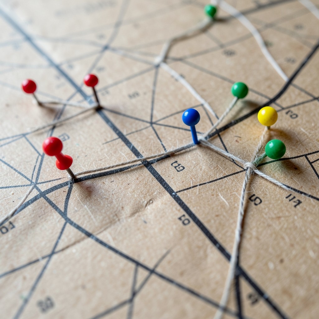 Paper map of urban territories with coloured route markers