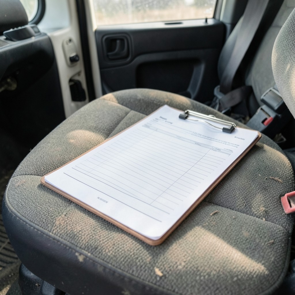 Clipboard with a visit log form resting on a vehicle seat
