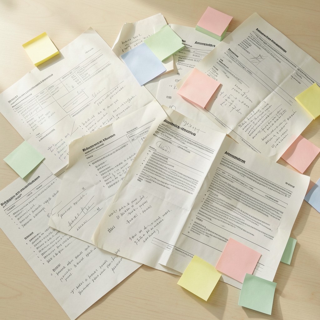 Annotated sample field reporting pages spread across a light desk