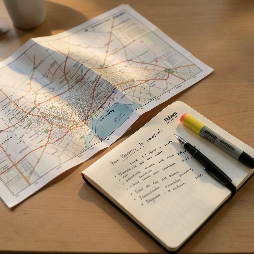 Field operations map and route notes reviewed beside a notebook